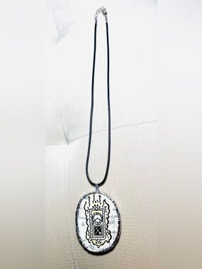 Hand Crafted Vintage Ceramic Cut out Pendant (Clock) Black Leather Cord Necklace